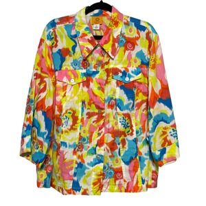 Artsy Maximalist 100% Linen Jacket Women 2X Colorful Coastal Dopamine Dressing